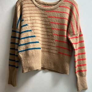 Anthropologie Maeve Striped Tan Sweater with Red and Blue Accents